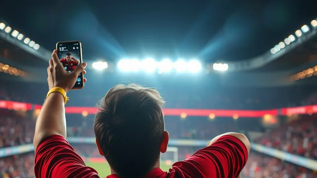 Tifoso allo stadio con lo smartphone durante una scommessa live su SupaBet